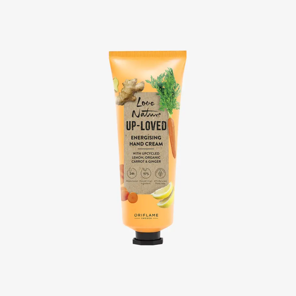 کرم دست انرژی‌بخش Love Nature Up-Loved با لیمو بازیافت‌شده، هویج ارگانیک و زنجبیل اوریفلیم (Oriflame)